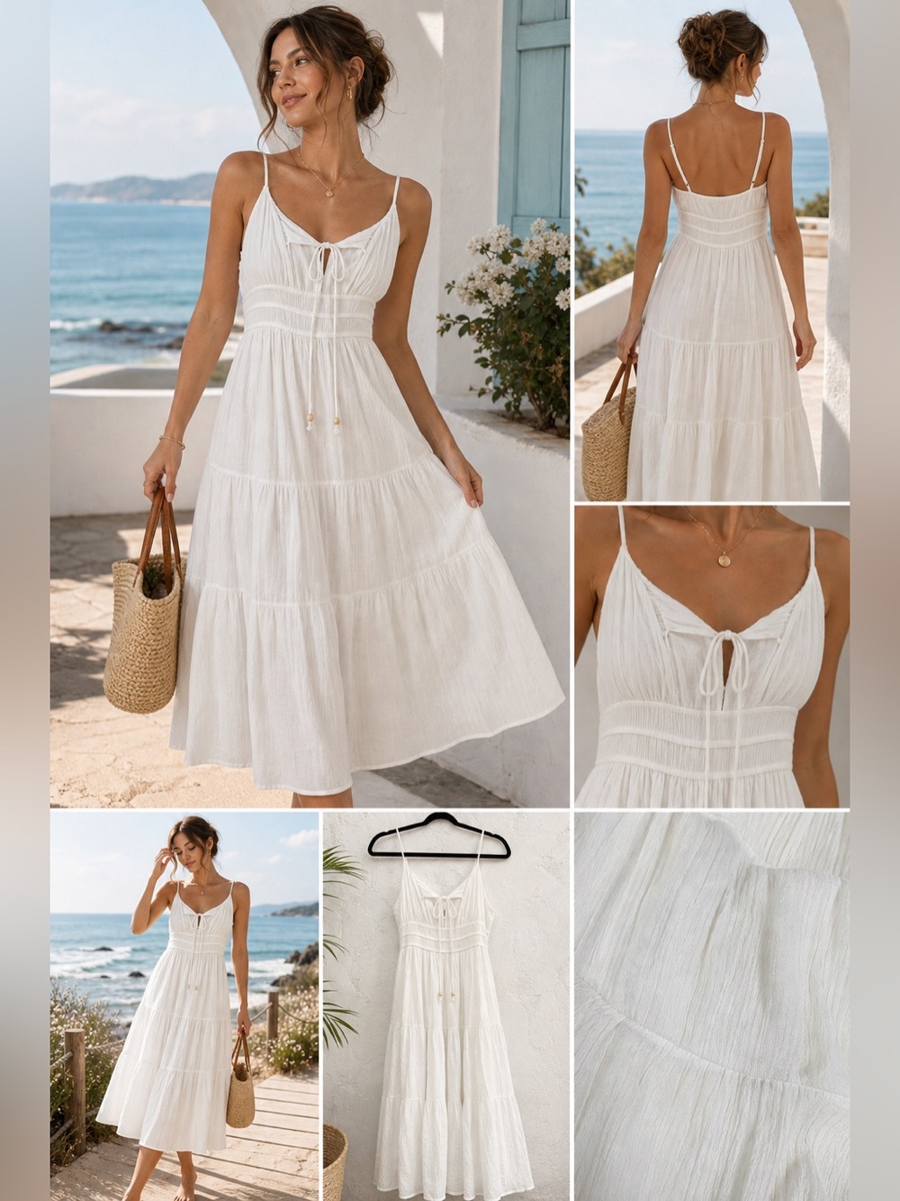 K&K Fashion White Flowy Midi Dress Tie Front Strappy Lightweight Size Small